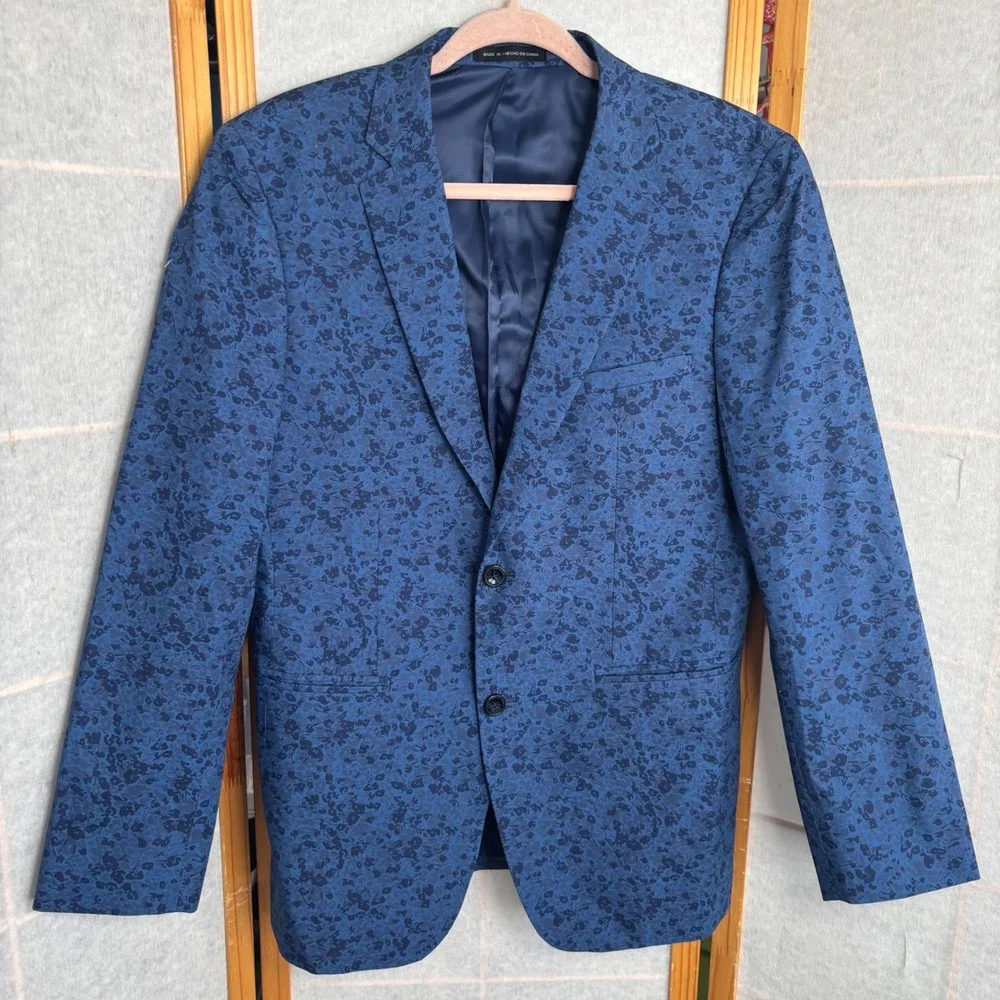Perry Ellis Portfolio 38R Blue Floral Jacquard Two Button Blazer Jacket Men Slim